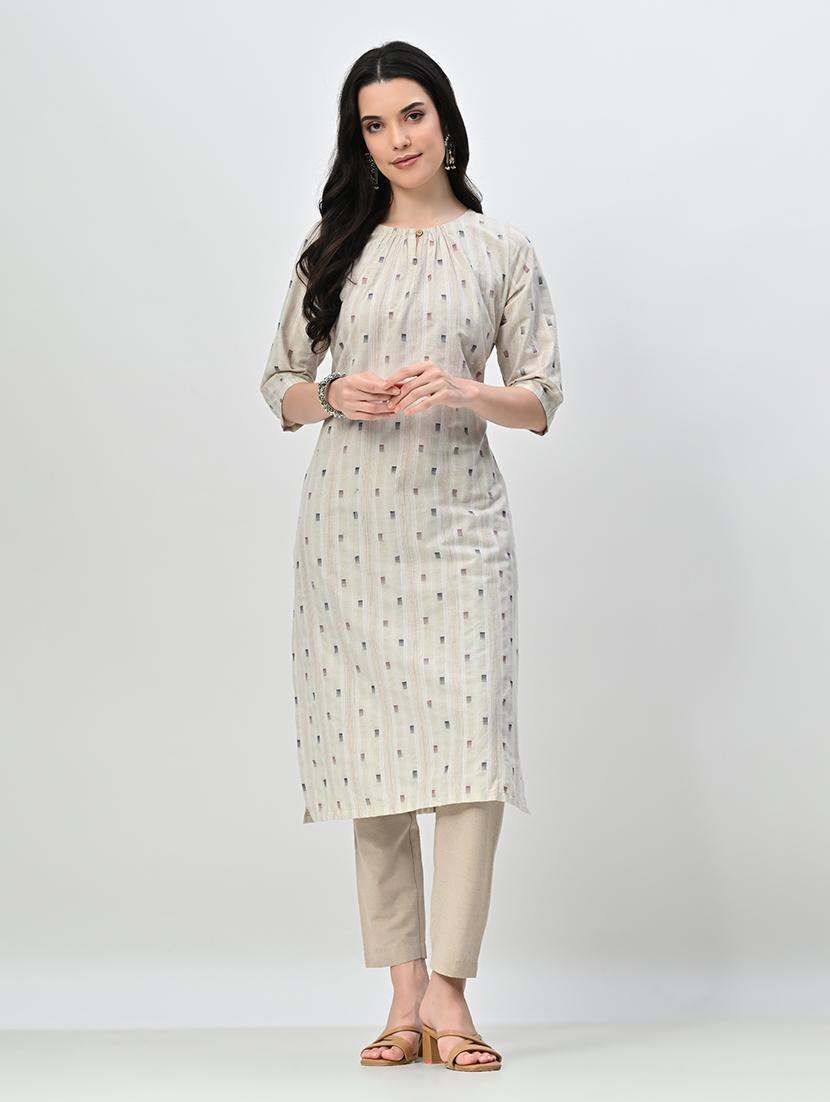 women beige three quarter sleeve kurta pant set - 21578648 - Zoom Image - 0