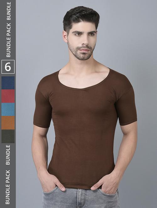 men pack of 6 solid half sleeve vest - 21579071 - Standard Image - 0