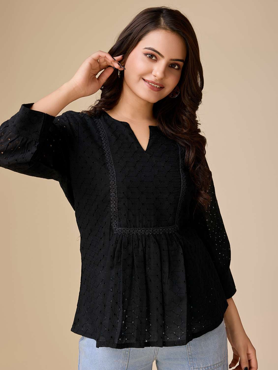 women self design three quarter sleeves a-line top - 21579436 - Zoom Image - 0