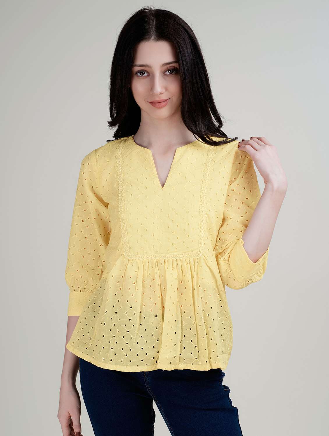 women notch neck lace detailed schiffli peplum top - 21579439 -  Zoom Image - 0