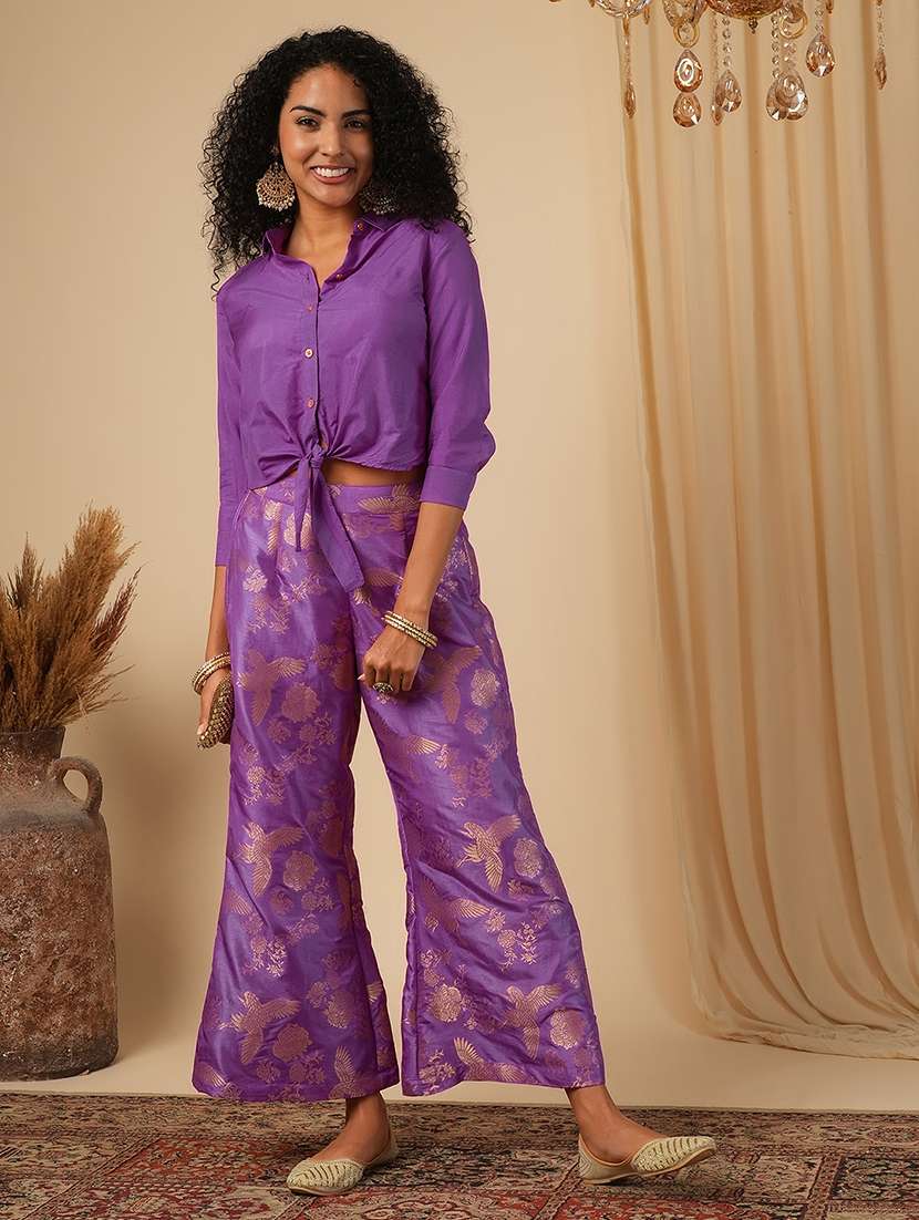 globus women purple cuffed sleeves solid tie-up detail crop shirt fusion co-ord set - 21579820 -  Zoom Image - 0