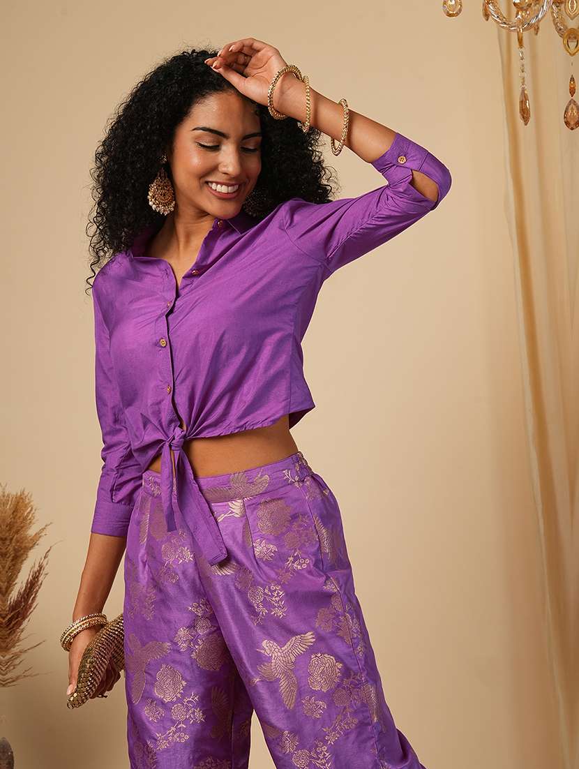 globus women purple cuffed sleeves solid tie-up detail crop shirt fusion co-ord set - 21579820 - Standard Image - 3