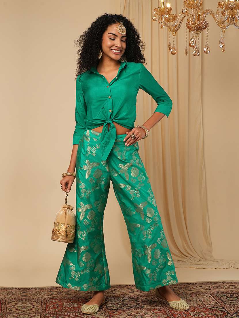 globus women green cuffed sleeves solid tie-up detail crop shirt with brocade floral woven design flared pants fusion co-ord set - 21579821 - Zoom Image - 0