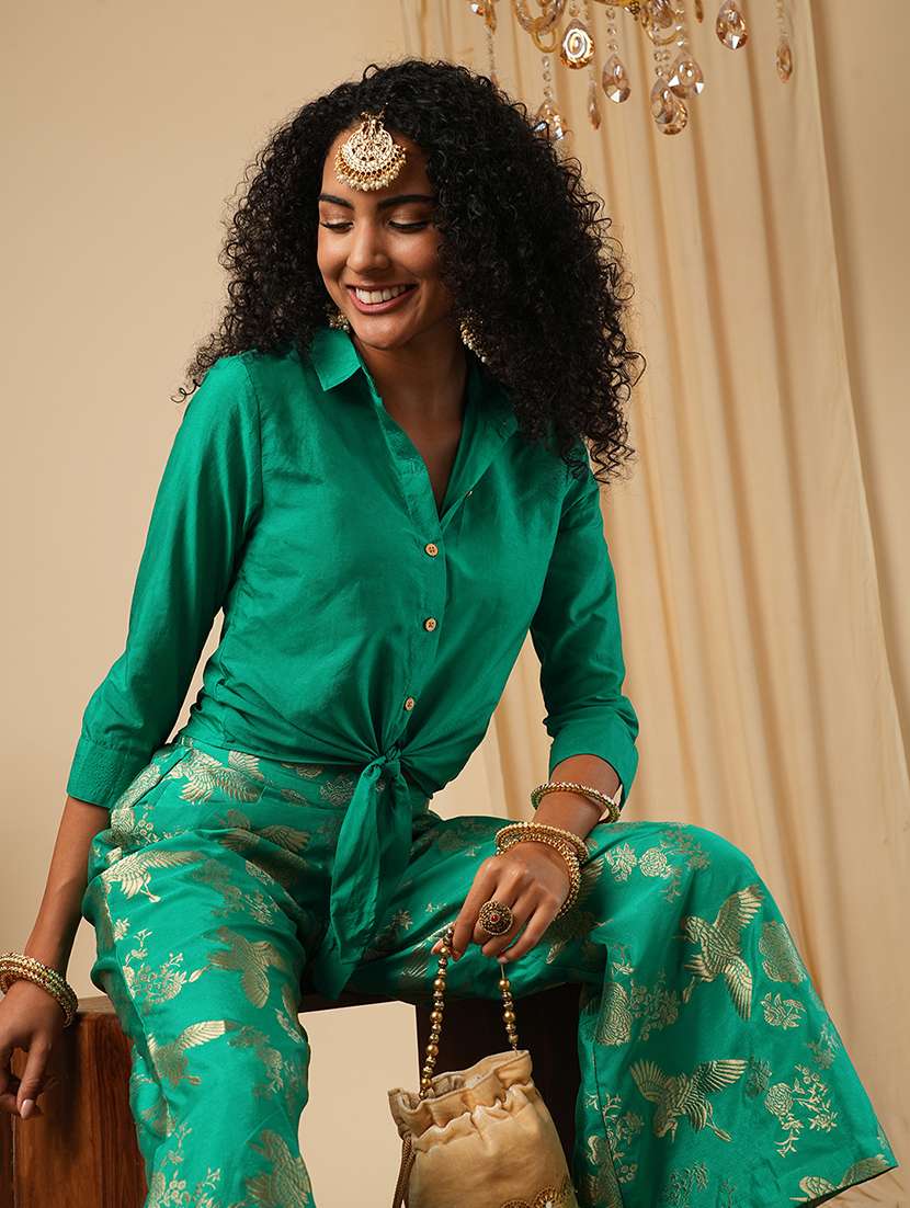 globus women green cuffed sleeves solid tie-up detail crop shirt with brocade floral woven design flared pants fusion co-ord set - 21579821 - Standard Image - 3