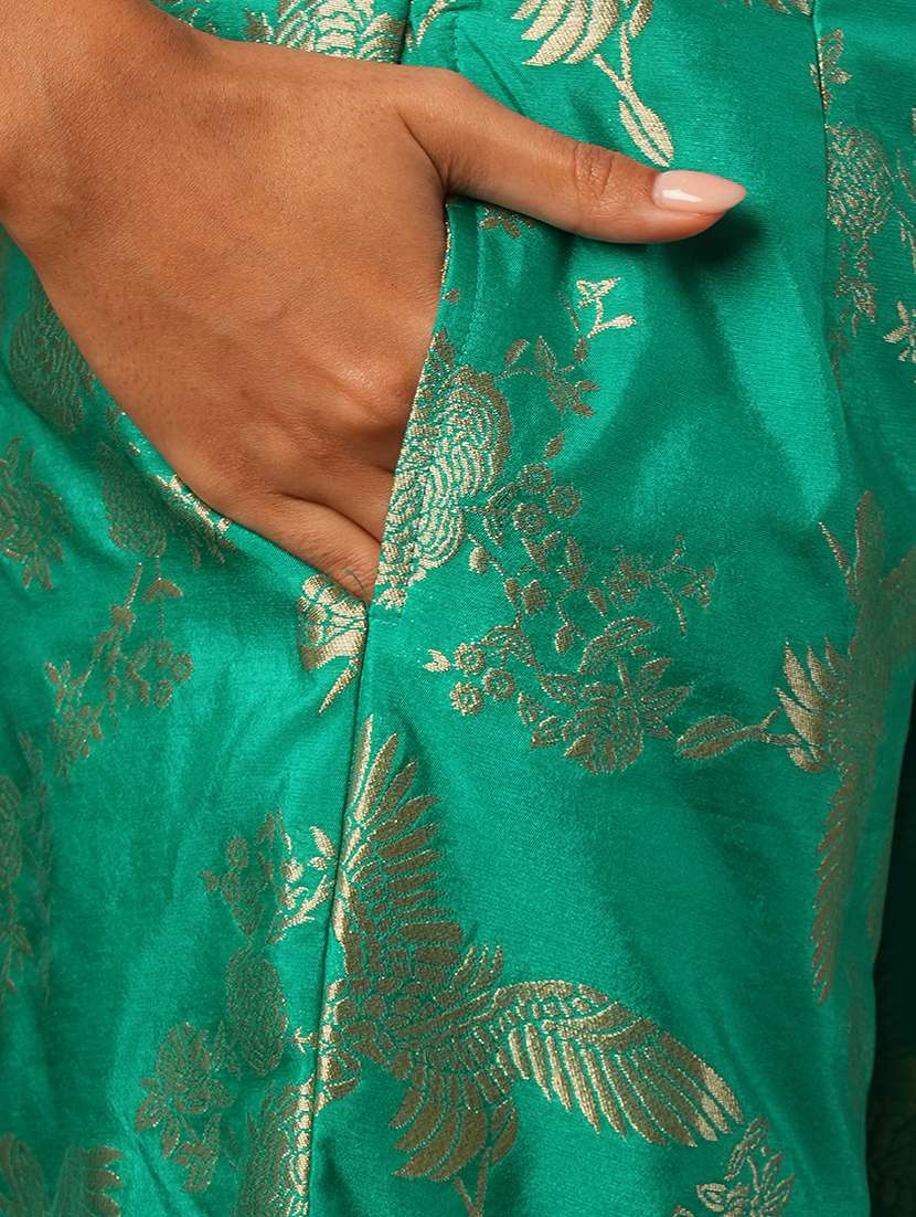 globus women green cuffed sleeves solid tie-up detail crop shirt with brocade floral woven design flared pants fusion co-ord set - 21579821 - Standard Image - 5