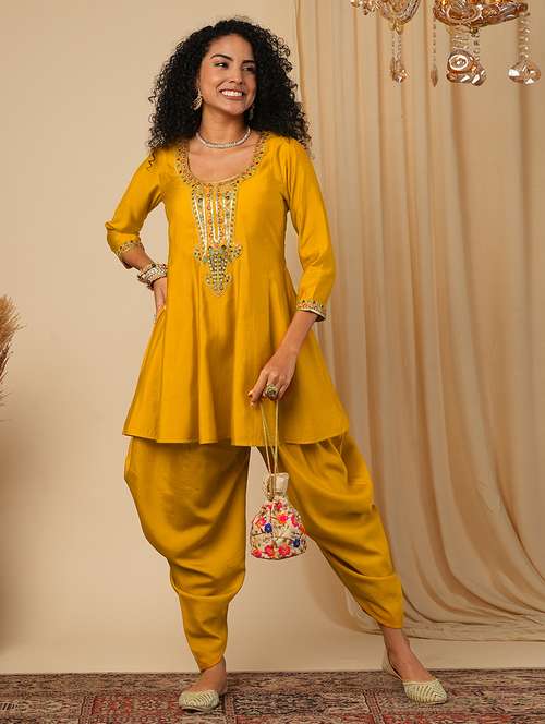 globus women yellow floral sequinned & embroidered yoke a-line peplum top with dhoti pants fusion co-ord set - 21579823 - Standard Image - 0