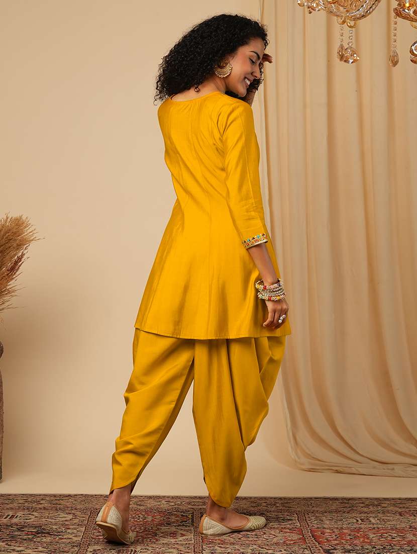 Globus Women Yellow Floral Sequinned & Embroidered Yoke A Line Peplum Top With Dhoti Pants Fusion Co Ord Set