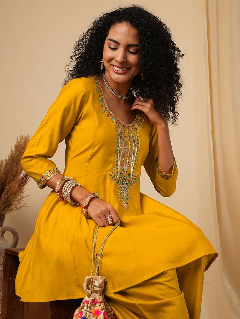 globus women yellow floral sequinned & embroidered yoke a-line peplum top with dhoti pants fusion co-ord set - 21579823 - Standard Image - 3