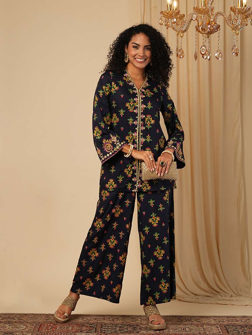 globus women blue embroidery detail mirror work ethnic motifs bell sleeves front slit top with pants fusion co-ord set - 21579825 - Zoom Image - 0