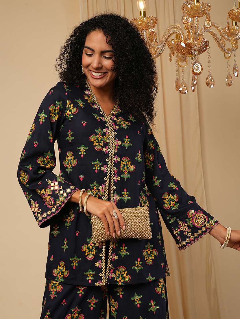 globus women blue embroidery detail mirror work ethnic motifs bell sleeves front slit top with pants fusion co-ord set - 21579825 - Standard Image - 3