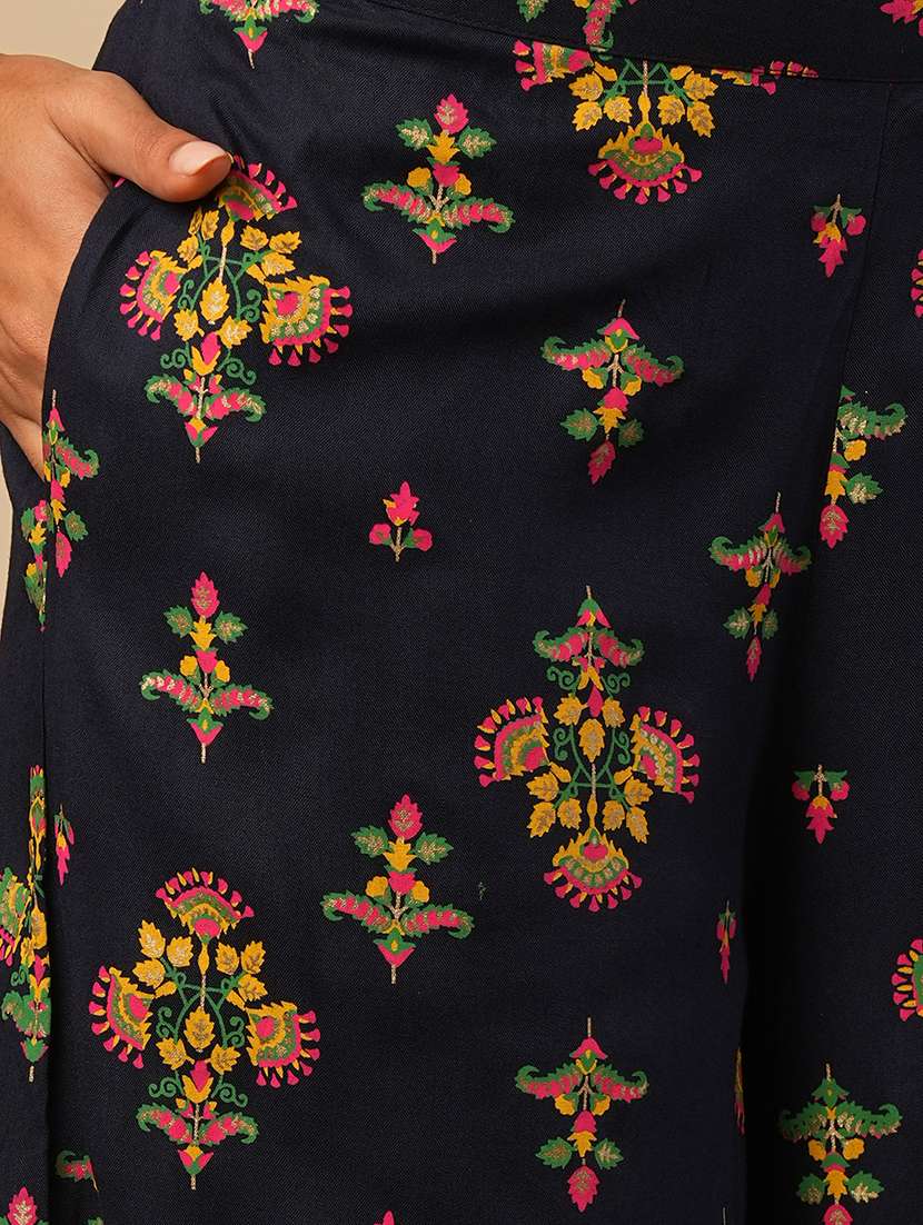 globus women blue embroidery detail mirror work ethnic motifs bell sleeves front slit top with pants fusion co-ord set - 21579825 - Standard Image - 5