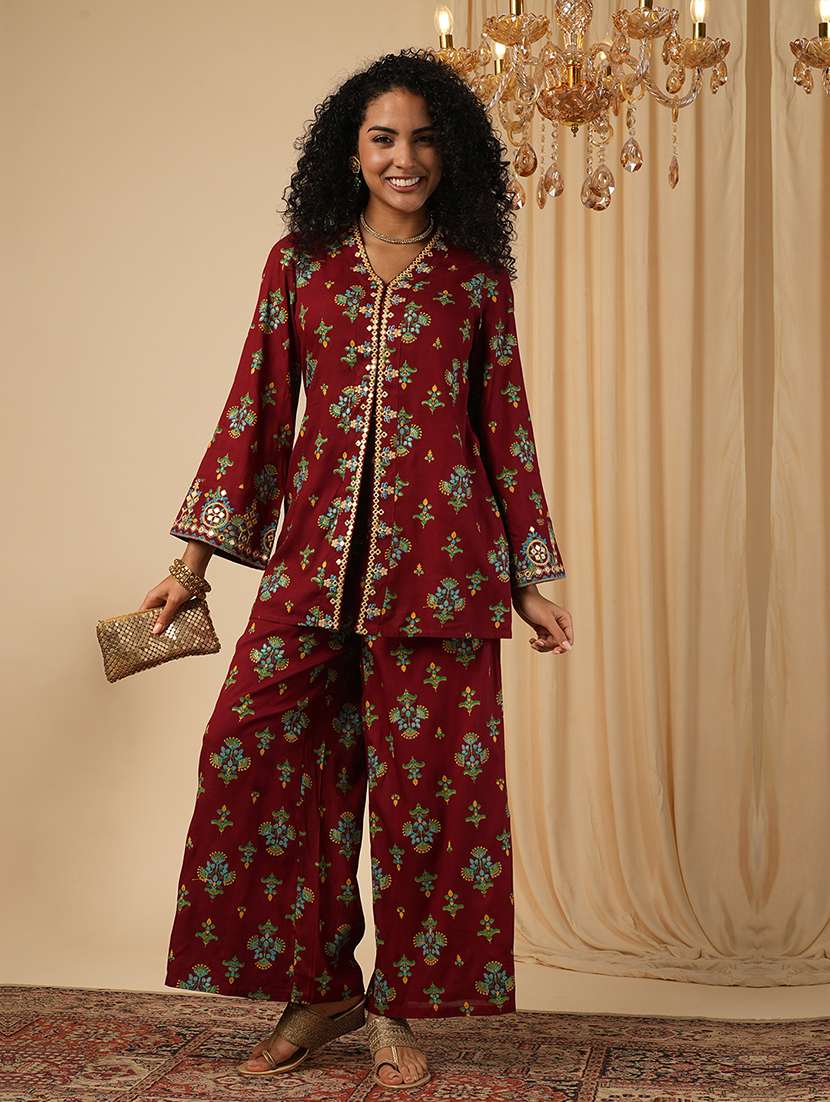 globus women maroon embroidery detail mirror work ethnic motifs bell sleeves front slit top with pants fusion co-ord set - 21579826 -  Zoom Image - 0