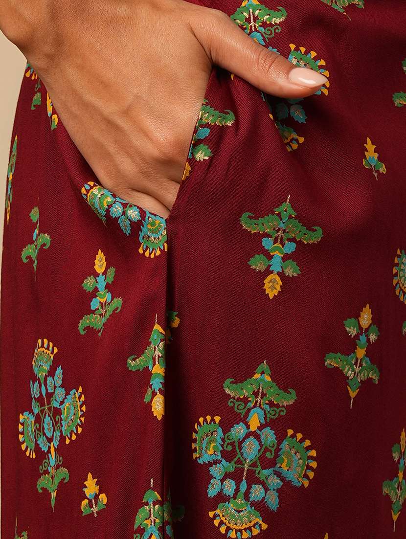 globus women maroon embroidery detail mirror work ethnic motifs bell sleeves front slit top with pants fusion co-ord set - 21579826 - Standard Image - 5