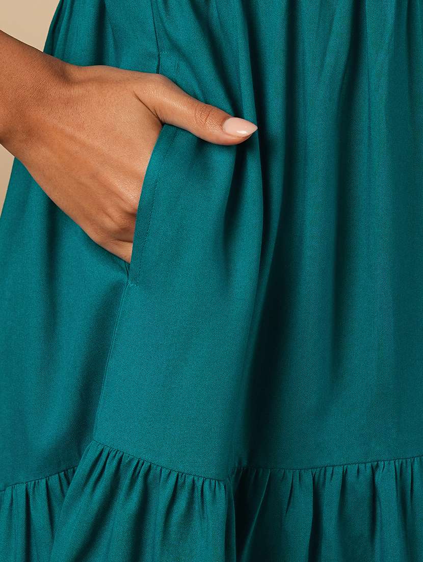 globus women green embroidered yoke bishop sleeves a-line tiered fusion dress - 21579828 -  Standard Image - 5