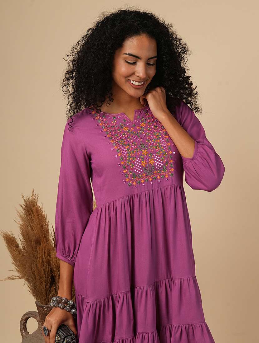 globus women purple embroidered yoke bishop sleeves a-line tiered fusion dress - 21579829 -  Standard Image - 3