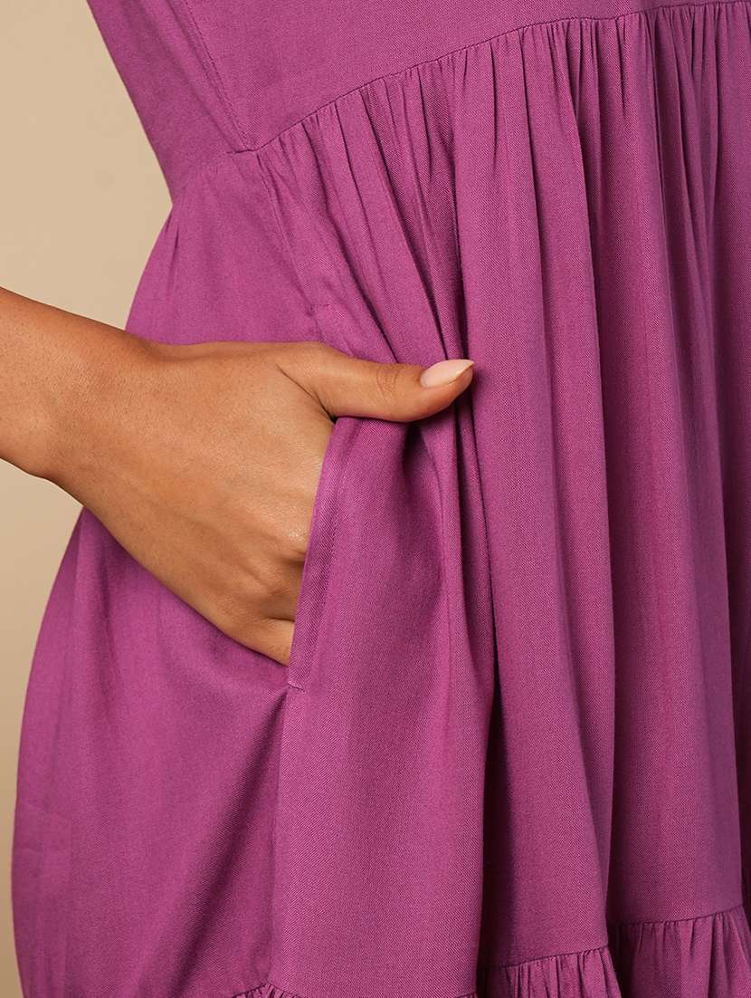 globus women purple embroidered yoke bishop sleeves a-line tiered fusion dress - 21579829 -  Standard Image - 5