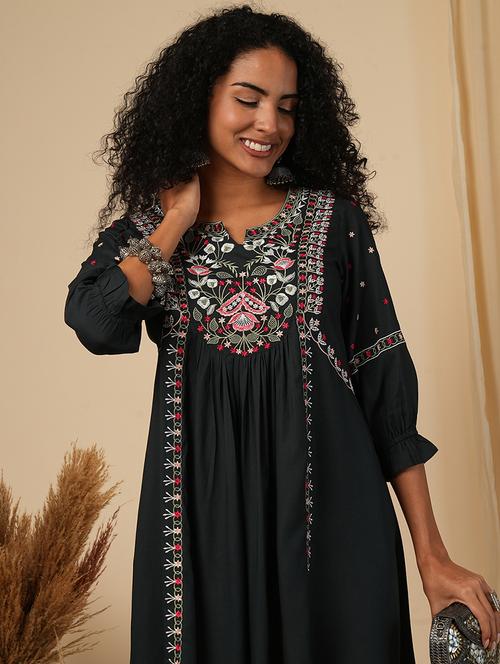 globus women green floral embroidered yoke a-line pleated panelled mini fusion dress - 21579833 - Standard Image - 0