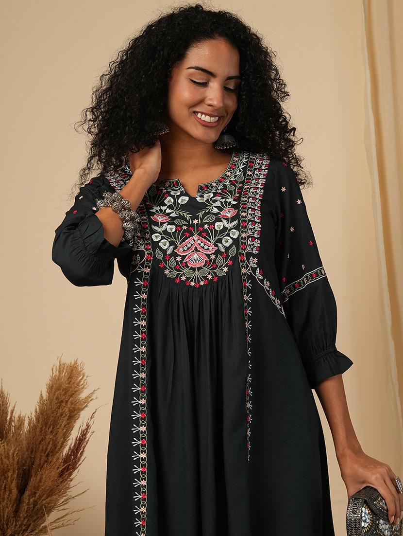 globus women green floral embroidered yoke a-line pleated panelled mini fusion dress - 21579833 - Zoom Image - 0