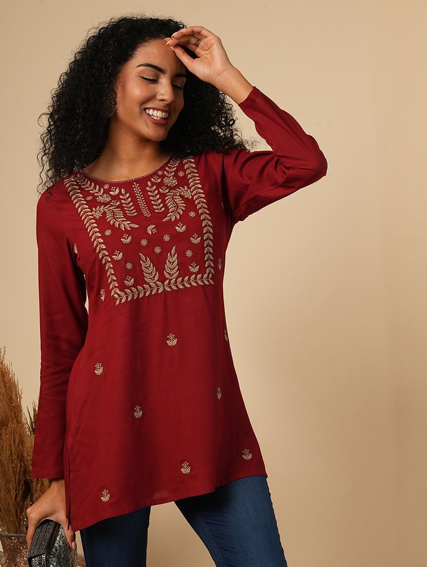 globus women maroon embroidered yoke neck ethnic print workwear tunic - 21579854 - Standard Image - 3