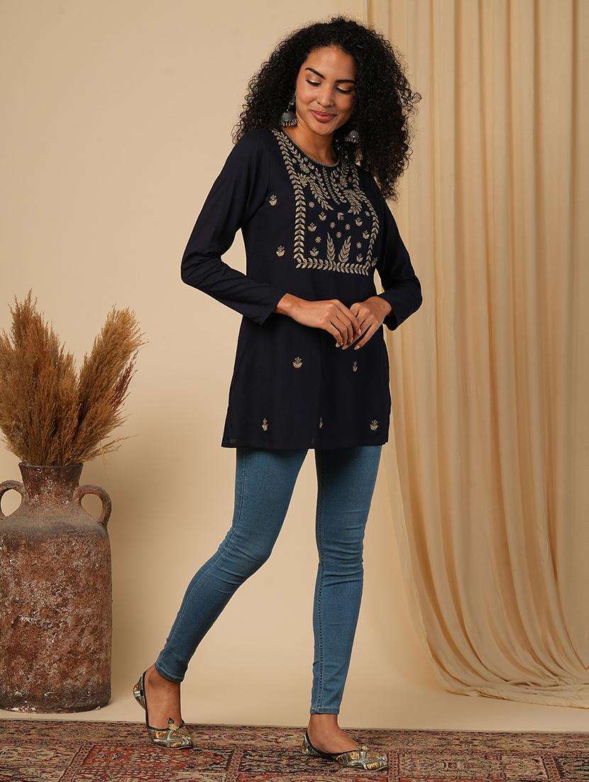 globus women blue yoke embroidered yoke neck ethnic print workwear tunic - 21579855 -  Zoom Image - 0