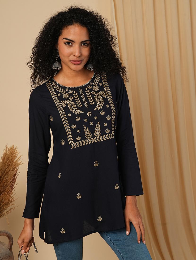 globus women blue yoke embroidered yoke neck ethnic print workwear tunic - 21579855 - Standard Image - 3