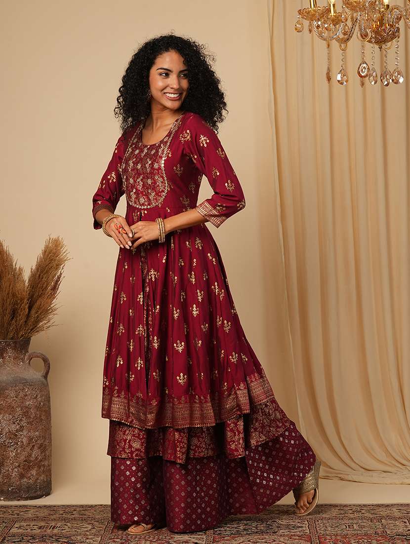 globus women maroon embroidered yoke gold foil jaal print front slit layered border detailing festive anarkali kurta