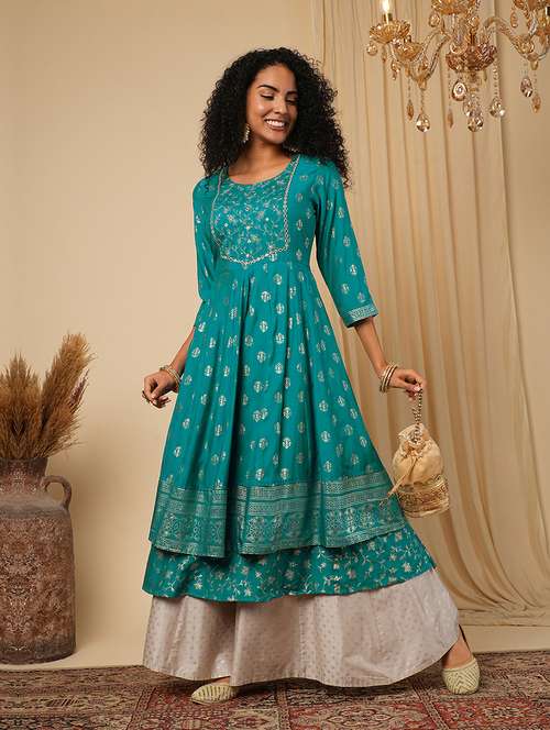 globus women green embroidered yoke gold foil jaal print front slit layered border detailing festive anarkali kurta - 21579862 -  Standard Image - 0