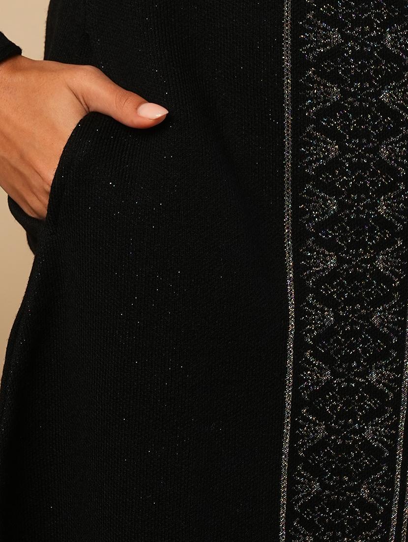 globus women black round neck full sleeves placement weave knitted loose fit calf length winter wear kurta - 21579863 - Standard Image - 5