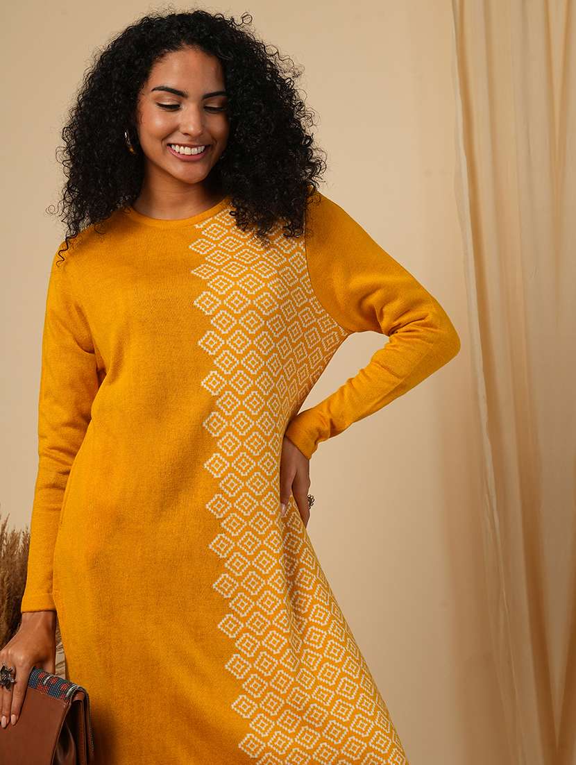 globus women mustard round neck full sleeves geometric print placement weave knitted loose fit calf length winter wear kurta - 21579864 - Standard Image - 3