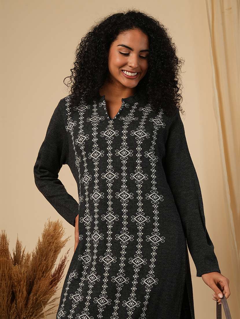globus women black mandarin neck full sleeves placement weave knitted loose fit calf length winter wear kurta - 21579865 -  Standard Image - 3