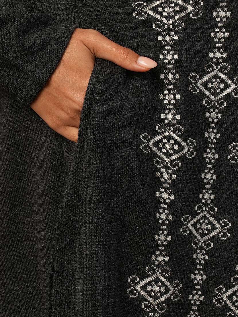 globus women black mandarin neck full sleeves placement weave knitted loose fit calf length winter wear kurta - 21579865 -  Standard Image - 5