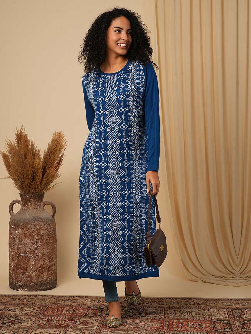 globus women blue round neck full sleeves placement weave knitted loose fit calf length winter wear kurta
