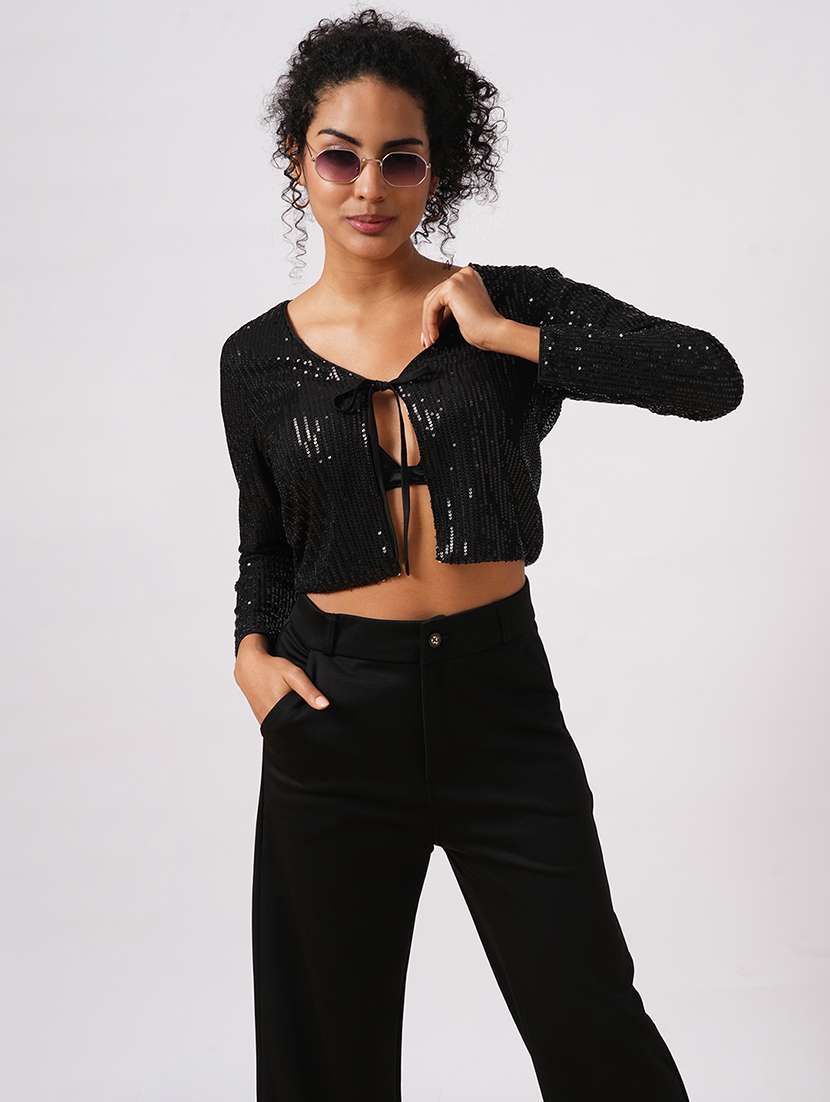 globus women black embellished tie-up neck long-sleeves cropped party shrug - 21579869 - Standard Image - 3
