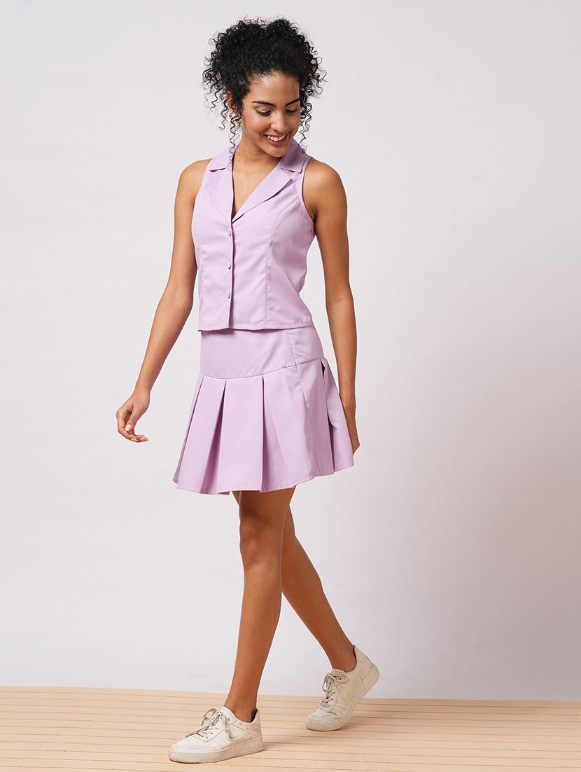 globus women lavender notch lapel solid vest & pleated tennis skirt co-ord set - 21579904 -  Zoom Image - 0