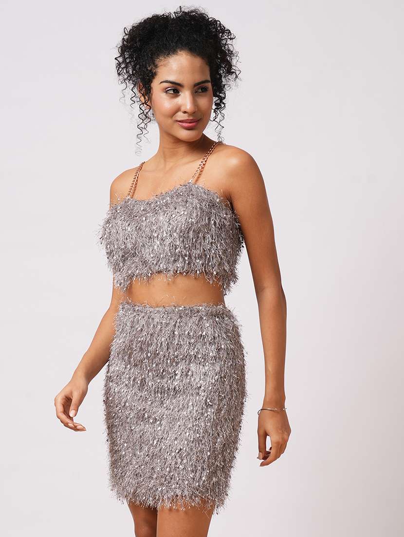 globus women grey sweetheart neck chain strap shoulder faux fur crop top with mini skirt party co-ord set