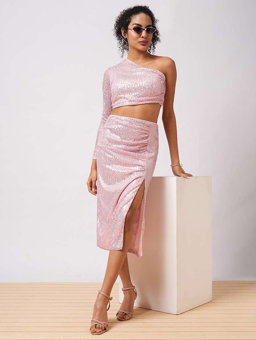 globus women pale pink embellished one shoulder crop top with ruched side slit midi skirt party co-ord set - 21579908 - Zoom Image - 0