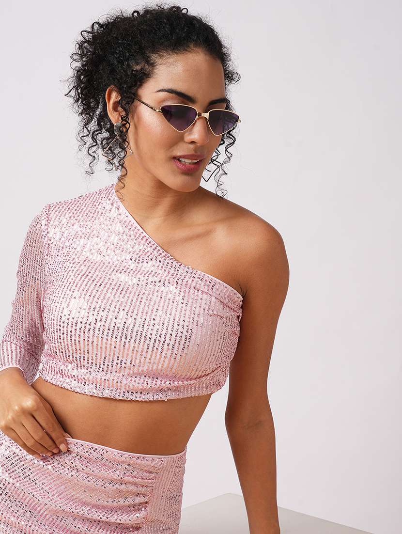 globus women pale pink embellished one shoulder crop top with ruched side slit midi skirt party co-ord set - 21579908 - Standard Image - 3