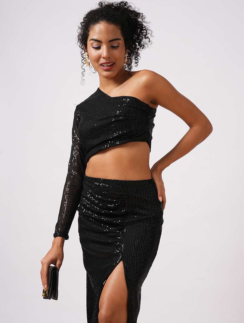 globus women black embellished one shoulder crop top with ruched side slit midi skirt party co-ord set - 21579909 -  Standard Image - 3