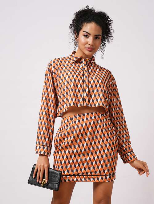 globus women yellow abstract print cuffed sleeves crop shirt with high-rise mini skirt workwear co-ord set - 21579912 - Standard Image - 0