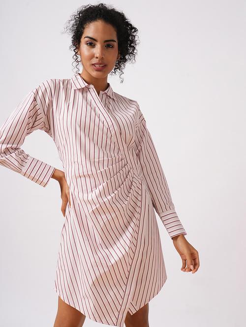 globus women pink shirt style cuffed sleeve pin striped workwear wrap dress - 21579928 - Standard Image - 0