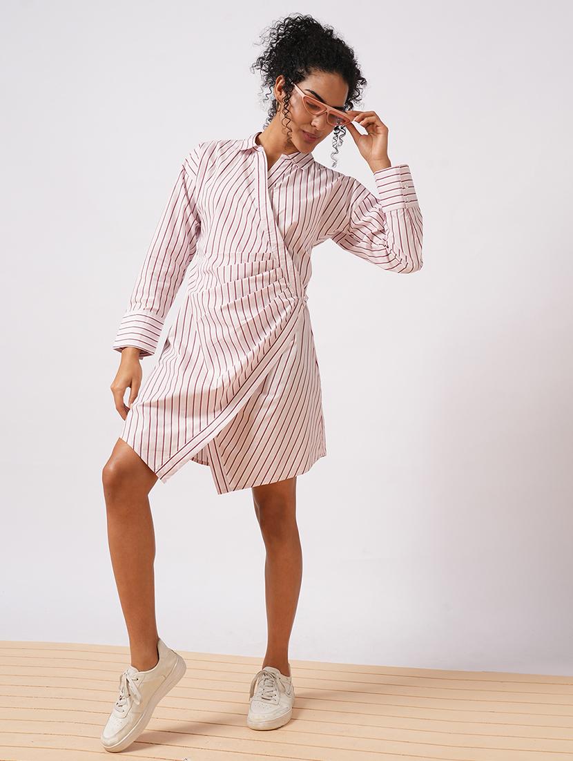 globus women pink shirt style cuffed sleeve pin striped workwear wrap dress - 21579928 - Standard Image - 3