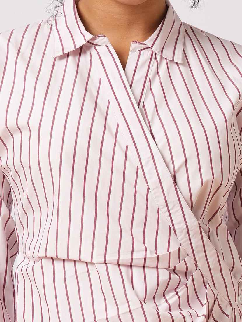 globus women pink shirt style cuffed sleeve pin striped workwear wrap dress - 21579928 - Standard Image - 5