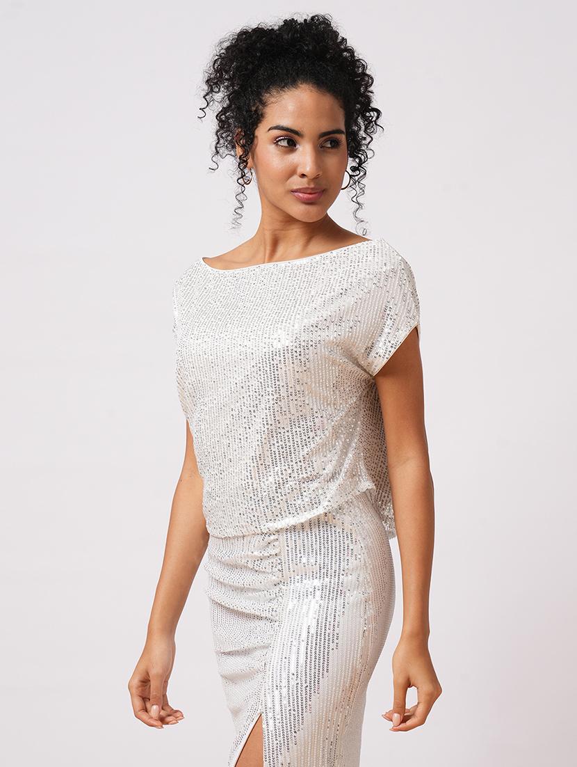 globus women silver one shoulder extended sleeves embellished party top - 21579936 - Zoom Image - 0
