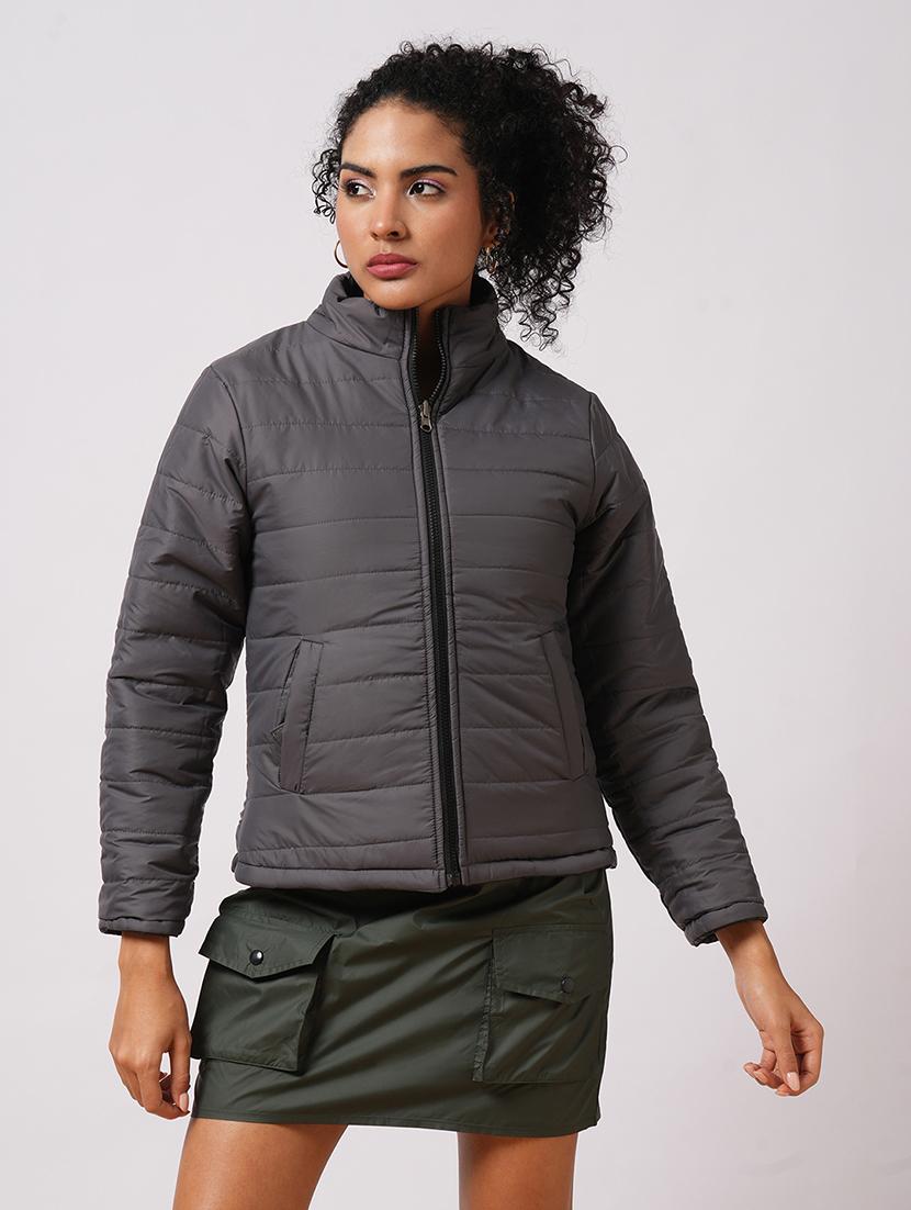 globus women black mock neck front zip closure reversible winter wear puffer jacket with detachable hoodie  - 21579938 -  Zoom Image - 0