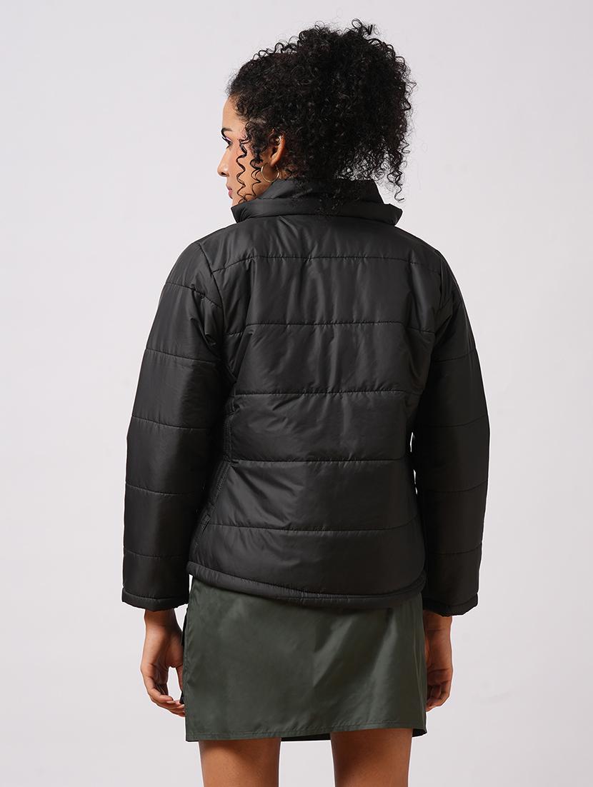 globus women black mock neck front zip closure reversible winter wear puffer jacket with detachable hoodie - 21579938 - Standard Image - 3