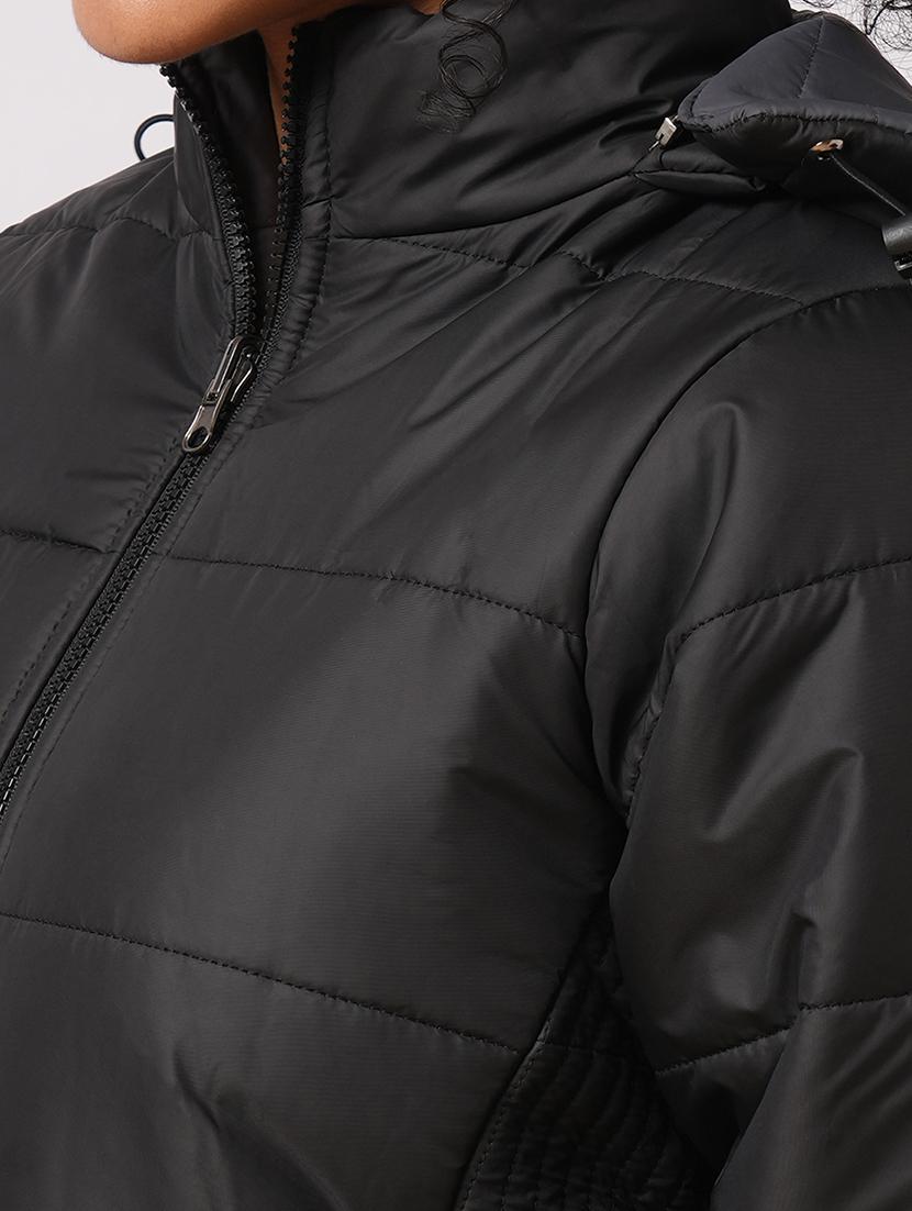 globus women black mock neck front zip closure reversible winter wear puffer jacket with detachable hoodie - 21579938 - Standard Image - 5