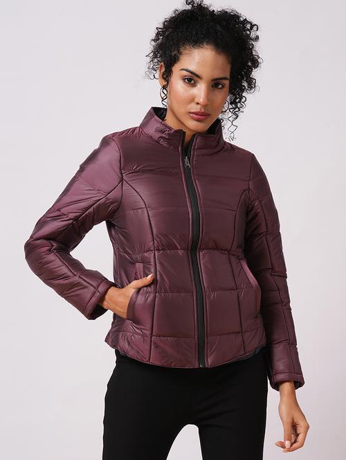 globus women burgundy mock neck long sleeves zip closure reversible winter wear puffer jacket - 21579940 -  Standard Image - 0