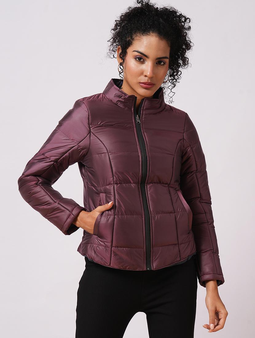 globus women burgundy mock neck long sleeves zip closure reversible winter wear puffer jacket - 21579940 -  Zoom Image - 0