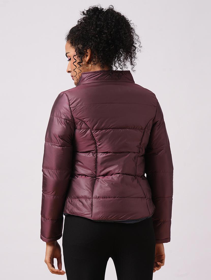 globus women burgundy mock neck long sleeves zip closure reversible winter wear puffer jacket - 21579940 - Standard Image - 3