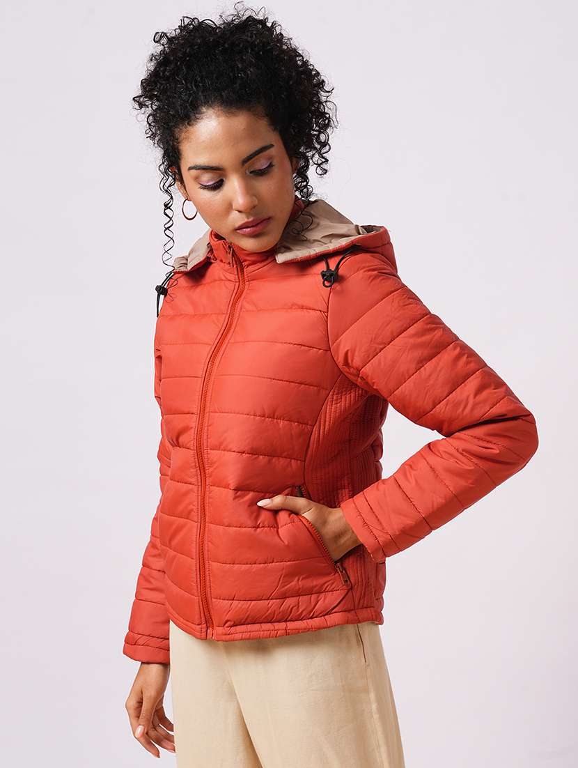 globus women rust mock neck with attached hoodie zip closure reversible winter wear puffer jacket